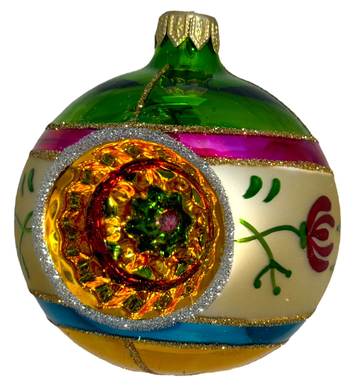 Green Retro Reflector Ornament with Floral Accents - Dom Bańki