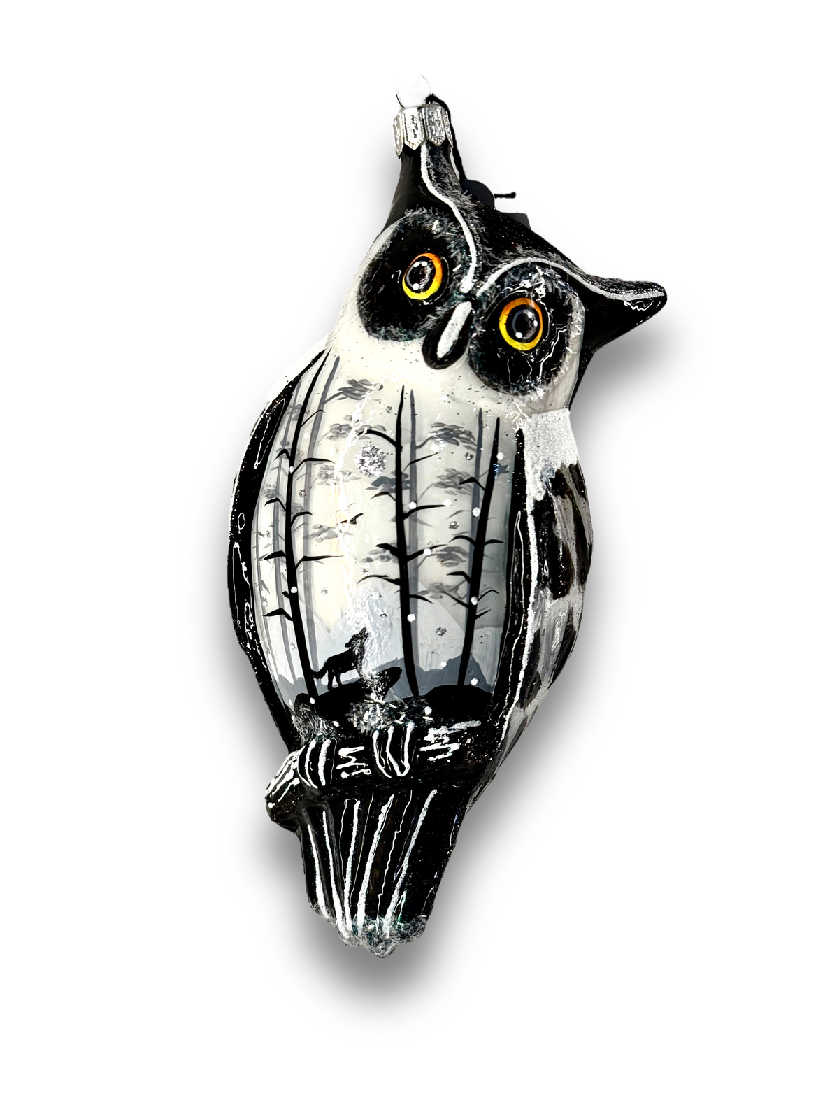 Winter Forest Owl Glass Ornament - Black and White Woodland Scene - Dom Bańki