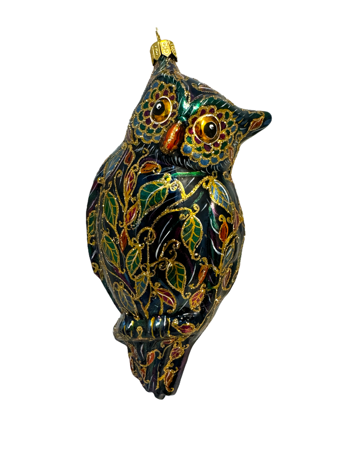 Ornate Owl Glass Ornament with Leaves - Dom Bańki