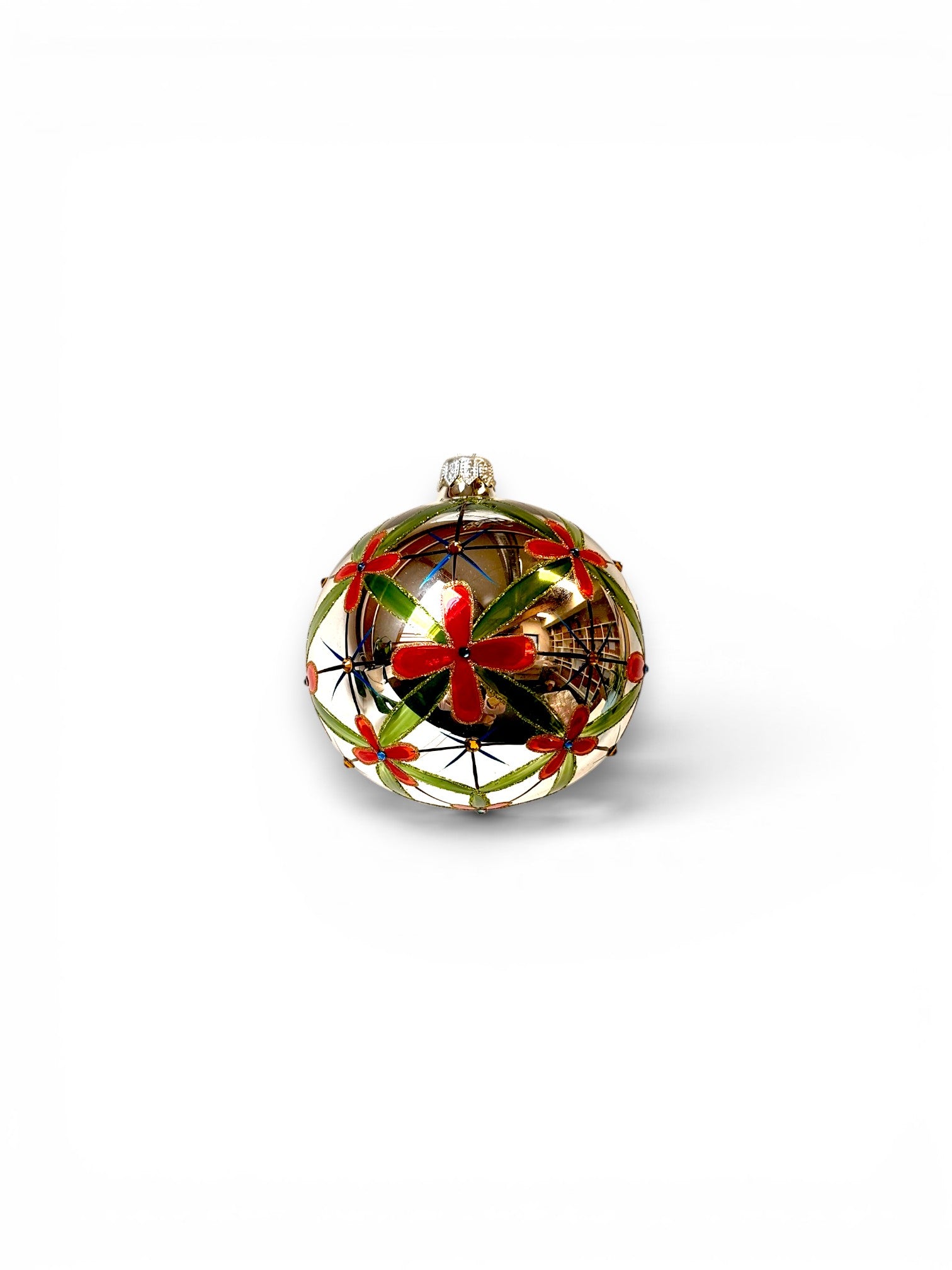 Silver Glass Ornament with Red Flowers