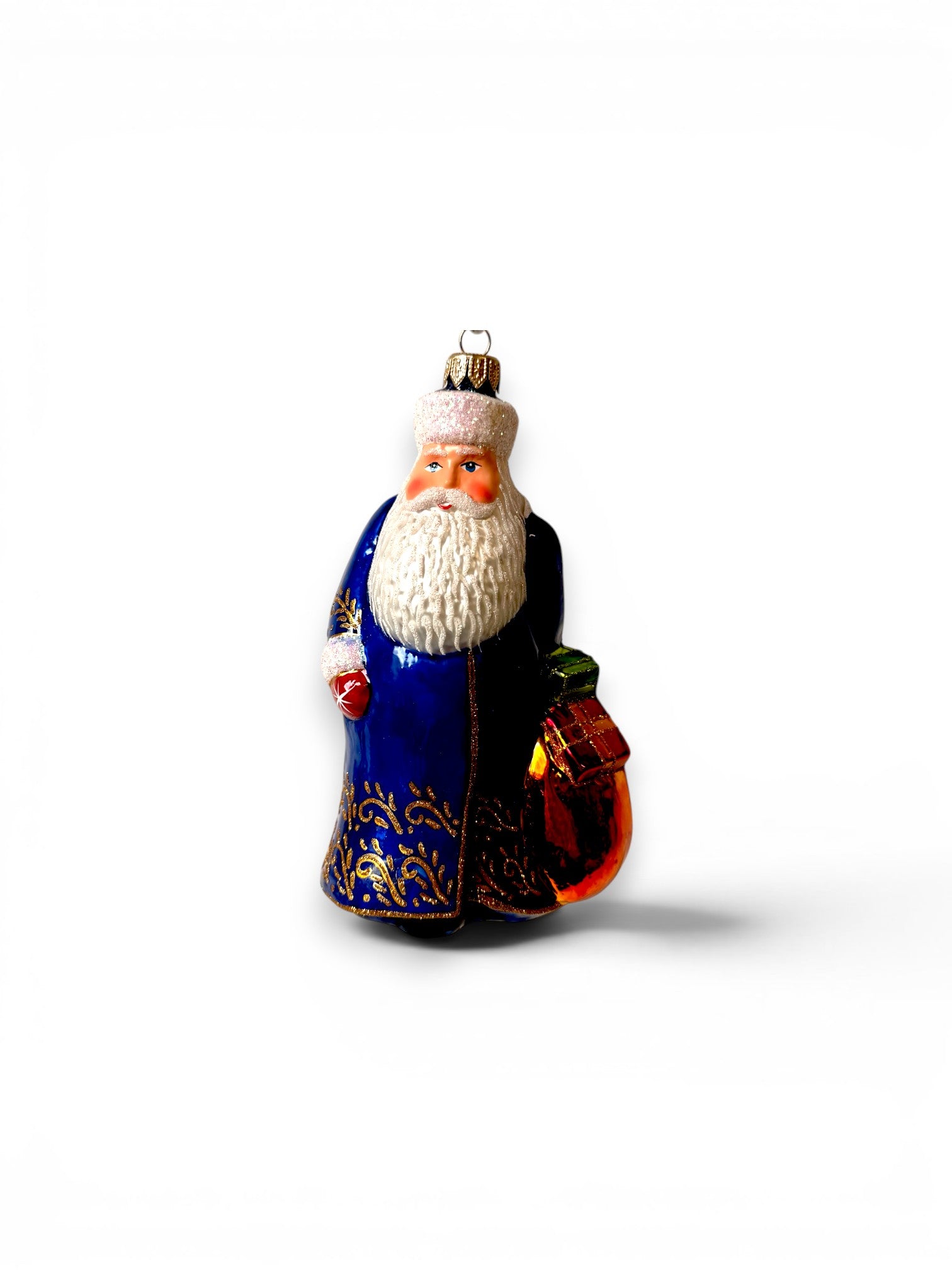 Santa Claus in Navy Blue Robe with Gift Bag